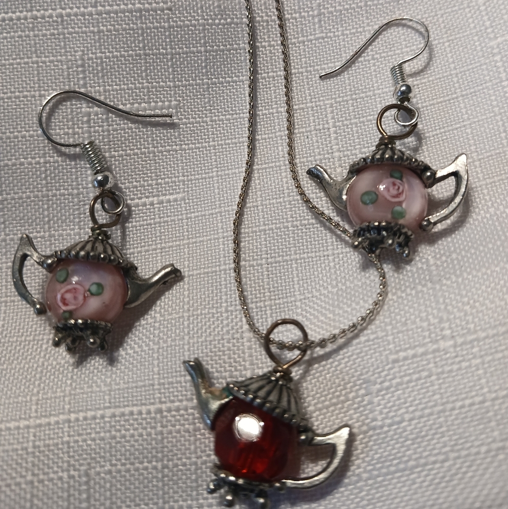 Teapot 3 Piece Charm Necklace and Dangle Earrings